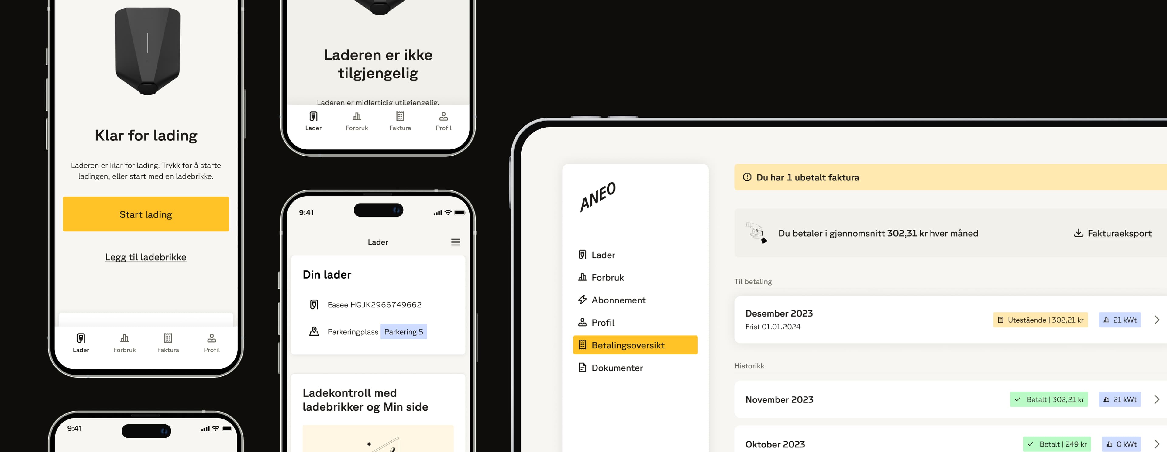 Aneo design mockups for app og min side